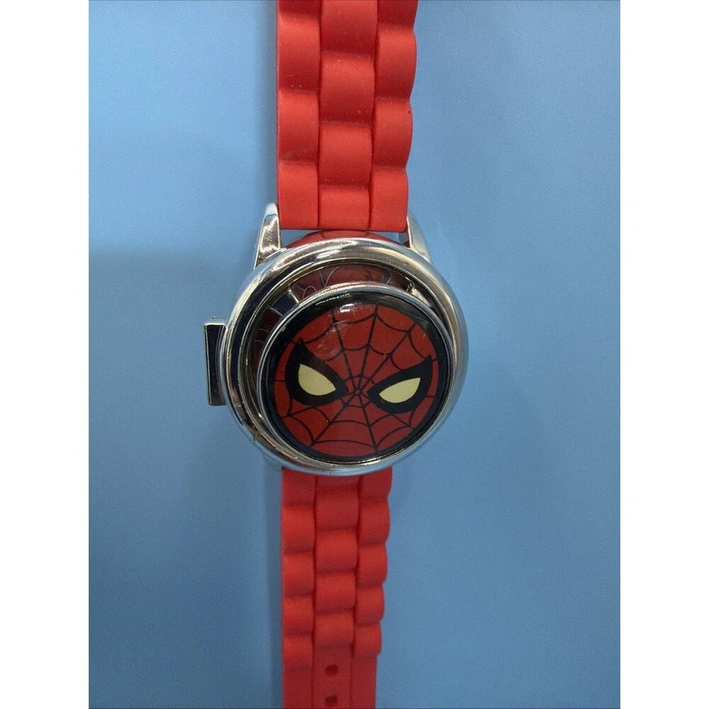 Spiderman Action Spinner Flip Cover LCD Kids Watch Red Band Accutime New Battery